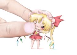 Rule 34 | 1girl, barefoot, blonde hair, bow, cait-sith, chibi, fang, flandre scarlet, hat, hat bow, lowres, mini person, minigirl, one eye closed, red eyes, short hair, side ponytail, skirt, skirt set, solo, touhou, wings
