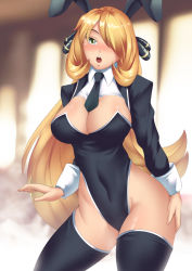 Rule 34 | 1girl, animal ears, black leotard, black necktie, black thighhighs, blonde hair, blush, breasts, cleavage, commentary request, covered navel, creatures (company), cynthia (pokemon), fake animal ears, game freak, grey eyes, hair ornament, hair over one eye, haryudanto, highleg, highleg leotard, large breasts, leotard, long hair, looking at viewer, necktie, nintendo, open mouth, playboy bunny, pokemon, pokemon dppt, rabbit ears, rabbit girl, shiny skin, solo, standing, thighhighs, very long hair