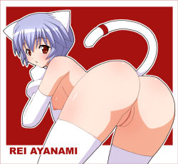 Rule 34 | 1girl, :o, animal ears, ass, ayanami rei, bent over, blue hair, blush, body blush, border, breasts, cat ears, cat tail, character name, cleft of venus, elbow gloves, embarrassed, foreshortening, from behind, gloves, grimrock! mix edition, hair between eyes, hanging breasts, head rest, looking at viewer, looking back, neon genesis evangelion, nipples, nude, open mouth, outside border, puffy nipples, pussy, red background, red eyes, shishimaru ken&#039;ya, short hair, simple background, solo, surprised, tail, thighhighs, thighs, uncensored, white thighhighs