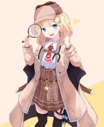 Rule 34 | 1girl, absurdres, black thighhighs, blonde hair, blue eyes, blush, brown coat, brown hat, clock, coat, deerstalker, fujimaki nora, hair ornament, hat, heart, high-waist skirt, highres, holding, hololive, hololive english, long sleeves, magnifying glass, medium hair, open mouth, plaid, plaid skirt, red neckwear, shirt, simple background, skirt, solo, thighhighs, two-tone background, virtual youtuber, watson amelia, white shirt