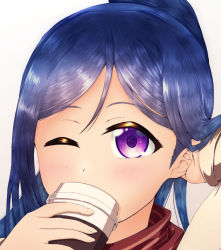 Rule 34 | 1girl, artist name, artist request, blue hair, blush, breasts, brown jacket, buttons, coffee cup, collared jacket, cup, disposable cup, female focus, hair between eyes, holding, holding cup, jacket, long hair, long sleeves, looking at viewer, love live!, love live! school idol festival, love live! sunshine!!, masa sevenred, masakazu yamato, masakazu yamato (masa sevenred), matsuura kanan, one eye closed, parted lips, ponytail, purple eyes, red scarf, scarf, smile, solo, striped clothes, striped scarf, upper body, vertical stripes, yamato masakazu