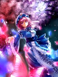 Rule 34 | 1girl, arm strap, blue dress, breasts, bug, butterfly, cherry blossoms, dress, hand fan, floral print, hat, highres, bug, juliet sleeves, large breasts, long sleeves, looking at viewer, mob cap, petals, pink eyes, pink hair, puffy sleeves, saigyouji yuyuko, sash, shironeko yuuki, smile, solo, touhou, tree, triangular headpiece, veil, wide sleeves
