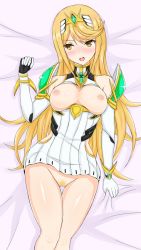 Rule 34 | 1girl, bed, bed sheet, blonde hair, blush, breasts, censored, elbow gloves, gem, gloves, hair ornament, headpiece, jewelry, large breasts, linfa (futari midara), long hair, lying, mythra (xenoblade), nervous, nintendo, nipples, on bed, open mouth, pubic hair, pussy, shy, tiara, tsundere, very long hair, xenoblade chronicles (series), xenoblade chronicles 2
