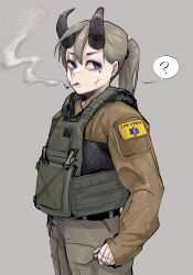 Rule 34 | 1girl, ?, blue eyes, brown jacket, cigarette, closed mouth, english text, epakim, grey background, grey pants, hair between eyes, highres, horns, jacket, long hair, long sleeves, looking at viewer, mole, mole under eye, mouth hold, original, pants, puffy long sleeves, puffy sleeves, scar, scar across eye, simple background, sleeves past wrists, smoke, smoking, solo, spoken question mark, thick eyebrows