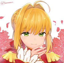 Rule 34 | 1girl, ahoge, arm up, blonde hair, braid, epaulettes, fate/grand order, fate (series), floral background, flower, french braid, green eyes, hair between eyes, hair intakes, hand on own chin, high collar, long sleeves, looking at viewer, nero claudius (fate), nero claudius (fate) (all), nero claudius (fate/extra), petals, red flower, red rose, rose, short hair, smile, solo, twitter username, uniform, upper body, white background, yuzuann