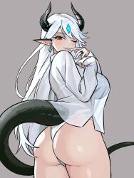 Rule 34 | 1girl, absurdres, ass, breasts, demon horns, earrings, finger to mouth, highres, horns, jewelry, long hair, looking at viewer, monster girl, one eye closed, original, pointy ears, red eyes, ring, sideboob, tail, white hair, zeon (zzeeonn)