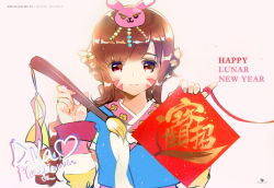Rule 34 | 1girl, alternate hairstyle, brown eyes, brown hair, brush, character name, chinese new year, d.va (overwatch), facepaint, facial mark, hair ornament, hanbok, heart, heco (mama), holding, korean clothes, light smile, long hair, long sleeves, looking at viewer, official alternate costume, overwatch, overwatch 1, palanquin d.va, pinky out, rabbit hair ornament, solo, string on pinky, striped, striped sleeves, traditional clothes, translation request, twitter username, upper body, watermark, web address, whisker markings