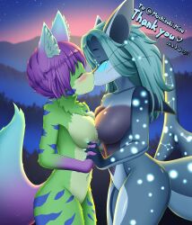 Rule 34 | 2girls, absurdres, blue fur, blue hair, blush, breasts, closed eyes, commentary, commentary request, commission, english text, faroula, furry, furry female, furry with furry, green fur, highres, holding hands, kiss, large breasts, long hair, mountainous horizon, multiple girls, navel, night, original, purple hair, short hair, sky, small breasts, star (sky), starry sky, whiskers, yuri, zukyuun