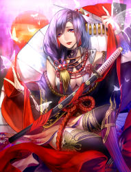 Rule 34 | 1girl, black thighhighs, breasts, cleavage, highres, holding, japanese clothes, kimono, lipstick, long hair, makeup, medium breasts, nouhime (sengoku taisen), obachin, purple hair, red eyes, red lips, sengoku taisen, sheath, sheathed, sitting, solo, sword, thighhighs, weapon