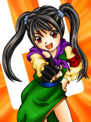 Rule 34 | alest lusia, armband, black hair, chinese clothes, chunsoft, dragon quest, dragon quest iii, enix, fighter (dq3), fingerless gloves, gloves, hand on own hip, hip focus, long hair, open mouth, parody, red eyes, solo, square enix, suzumiya haruhi no yuuutsu, twintails