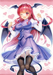 Rule 34 | 1girl, ;d, bat wings, black thighhighs, blue skirt, blue vest, blush, breasts, buttons, commentary request, demon tail, dress shirt, eyelashes, frilled skirt, frills, garter straps, head wings, heart, highres, juliet sleeves, knees together feet apart, koakuma, kuwa analog, large breasts, long hair, long sleeves, looking at viewer, low wings, marker (medium), necktie, one eye closed, open mouth, outline, pink background, puffy sleeves, red eyes, red hair, red necktie, shirt, simple background, skirt, skirt set, smile, solo, tail, taut clothes, taut vest, thighhighs, touhou, traditional media, very long hair, vest, white background, white outline, white shirt, wings, zettai ryouiki