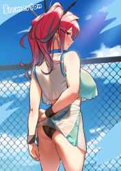 Rule 34 | 1girl, absurdres, arm grab, arms behind back, ass, azur lane, bare shoulders, black panties, blush, bow, breasts, bremerton (azur lane), bremerton (scorching-hot training) (azur lane), chain-link fence, character name, clothes lift, collarbone, commentary request, crop top, crop top overhang, fence, from behind, grey hair, hair between eyes, hair bow, hair ornament, heart, heart necklace, highres, huge breasts, jewelry, lifted by self, long hair, looking at viewer, looking back, multicolored hair, necklace, no mole, ogre (illustogre), panties, pink eyes, pink hair, shirt, sidelocks, skirt, skirt lift, sleeveless, sleeveless shirt, smile, solo, sportswear, streaked hair, tennis uniform, twintails, two-tone shirt, two-tone skirt, underwear, x hair ornament
