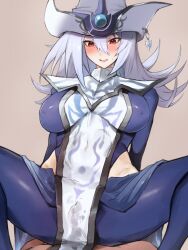Rule 34 | 1girl, blush, breasts, covered erect nipples, gloves, hat, highres, hip vent, kataku musou, large breasts, long hair, long sleeves, red eyes, silent magician, silver hair, solo, straddling, witch hat, yu-gi-oh!