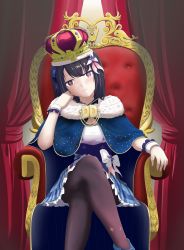 Rule 34 | 1girl, absurdres, artist request, black hair, check source, crown, highres, hina misora, crossed legs, looking at viewer, non-web source, sitting, solo, source request, virtual youtuber, wactor production