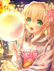 Rule 34 | 1girl, :d, absurdres, blonde hair, blurry, blurry background, blush, colored eyelashes, commentary request, cotton candy, fingernails, floral print, flower, food, green eyes, hair between eyes, hair flower, hair intakes, hair ornament, happy, highres, holding, holding food, holding hands, japanese clothes, kimono, long hair, long sleeves, looking at viewer, night, open mouth, pink flower, pink rose, pov, pov hands, red sash, remotaro, rose, sash, second-party source, sidelighting, sidelocks, smile, solo, straight-on, summer festival, summer pockets, tsumugi wenders, twintails, white kimono, wide sleeves, x hair ornament