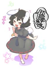 Rule 34 | +++, 1girl, :3, :d, alternate color, animal ears, barefoot, black dress, black hair, blush, breasts, brown eyes, carrot necklace, commentary request, dress, fang, floppy ears, full body, highres, inaba tewi, jewelry, laughing, looking at viewer, mesugaki, necklace, open mouth, puffy short sleeves, puffy sleeves, rabbit ears, rabbit girl, rabbit tail, ribbon-trimmed dress, short hair, short sleeves, small breasts, smile, solo, star (symbol), tail, tanasuke, touhou, translated, wavy hair, white background