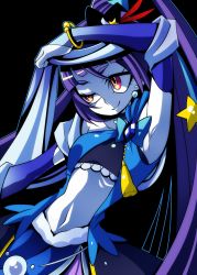 Rule 34 | 1girl, arm up, armpits, black background, black hat, blue bow, blue gemstone, bow, colored skin, cowboy shot, cure magical, cure magical (sapphire style), gem, hat, izayoi liko, long hair, looking away, magical girl, mahou girls precure!, mini hat, mini witch hat, navel, ponytail, precure, purple eyes, purple hair, sapphire style, sash, senmu (0107), skirt, smile, solo, white skin, witch hat