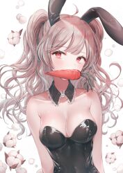 Rule 34 | 1girl, ahoge, animal ears, armpit crease, arms at sides, bare shoulders, black collar, black leotard, blush, breasts, brown hair, carrot, cleavage, collar, collarbone, commentary, covered mouth, covered navel, detached collar, english commentary, fake animal ears, flower, frilled collar, frills, highres, leotard, long hair, looking at viewer, medium breasts, mouth hold, original, ozzingo, playboy bunny, rabbit ears, red eyes, revision, sidelocks, simple background, solo, strapless, strapless leotard, tareme, two side up, upper body, wavy hair, white background, wing collar