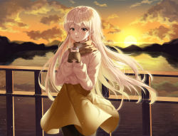 Rule 34 | 1girl, blush, brown gloves, brown pantyhose, brown skirt, cloud, coffee, coffee cup, commentary request, cup, disposable cup, ekina (1217), floating hair, gloves, hair between eyes, hands up, highres, holding, lake, long hair, long sleeves, looking at viewer, ocean, original, outdoors, pantyhose, pink sweater, scarf, skirt, smile, solo, steam, sunset, sweater, sweater tucked in, teeth, upper teeth only