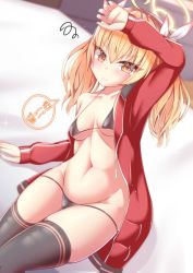 Rule 34 | black thighhighs, blonde hair, blue archive, blurry, blurry background, blush, bra, breasts, collarbone, commentary request, hair ornament, halo, highres, jacket, looking at viewer, medium hair, navel, ogamaru, orange eyes, panties, small breasts, solo, thighhighs, track jacket, twintails, underwear, yoshimi (blue archive)