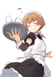 Rule 34 | 1girl, :3, apron, bad id, bad pixiv id, detached sleeves, closed eyes, glass, kinta (distortion), maid, maid headdress, musical note, original, simple background, solo, standing, tray, white background, wrist cuffs