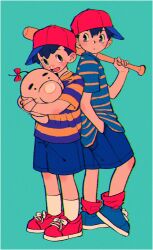 Rule 34 | 2boys, baseball bat, baseball cap, black hair, blue footwear, blue shorts, blush, doseisan, full body, hand in pocket, hat, highres, holding, kwsby 124, male focus, mother (game), mother 1, mother 2, multiple boys, ness (mother 2), ninten, nintendo, open mouth, red footwear, red headwear, red socks, shirt, shoes, short sleeves, shorts, sideways hat, simple background, sneakers, socks, standing, striped clothes, striped shirt, two-tone background, white socks