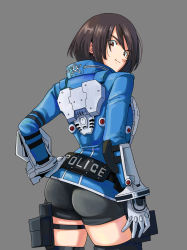 Rule 34 | 1girl, akira howard (female), ass, astral chain, black hair, breasts, brown hair, from behind, gloves, hand on own hip, looking at viewer, nintendo, platinum games, police, police uniform, policewoman, remon99, short hair, shorts, smile, smug, standing, uniform