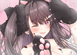 Rule 34 | 1girl, :p, animal ears, animal hands, apron, azur lane, bare shoulders, black hair, cat ears, cat paws, chocolate, chocolate on body, chocolate on breasts, collarbone, fake animal ears, fish hair ornament, food on body, hair ornament, hand up, highres, long hair, looking at viewer, mikuchi3939, naked apron, official alternate costume, one eye closed, pamiat merkuria (azur lane), pamiat merkuria (mercurial chocolate love) (azur lane), pink background, pink eyes, ribbon, solo, sparkle background, tongue, tongue out, white apron