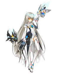 Rule 34 | 1girl, absurdly long hair, boots, choker, code: battle seraph (elsword), detached sleeves, elsword, eve (elsword), full body, gloves, high heel boots, high heels, highres, jpeg artifacts, leotard, long hair, moby (elsword), remy (elsword), silver hair, simple background, solo, standing, strapless, strapless leotard, thigh boots, thighhighs, very long hair, white background, white footwear, white leotard, yellow eyes