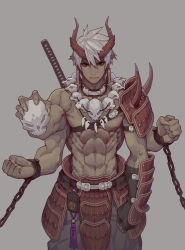 1boy, abs, arm guards, armor, armored skirt, bangs, black gloves, black pants, chains, chinese commentary, closed mouth, commentary request, cowboy shot, cuffs, dark skin, dark skinned male, earrings, extra arms, fingerless gloves, gloves, grey background, hair between eyes, highres, holding, holding skull, horns, japanese armor, jewelry, jokerpang, katana, looking at viewer, male focus, original, pants, pauldrons, pointy ears, red eyes, shackles, short hair, shoulder armor, simple background, single glove, single pauldron, skull, skull necklace, solo, standing, sword, tan, toned, toned male, tooth, tooth necklace, weapon, white hair