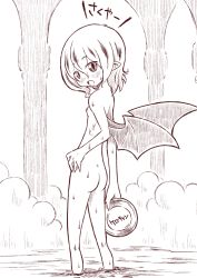 Rule 34 | 1girl, ass, bat wings, blush, female focus, monochrome, nipples, nude, remilia scarlet, solo, sonson (eleven), touhou, wet, white background, wings