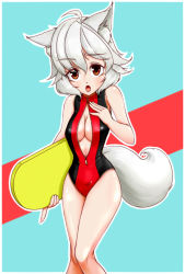 Rule 34 | 1girl, animal ears, breasts, cleavage, female focus, front zipper swimsuit, hand on own chest, highleg, highleg swimsuit, highres, inubashiri momiji, large breasts, looking at viewer, meme attire, navel, one-piece swimsuit, open mouth, red eyes, shinomiya naka, short hair, silver hair, solo, swimsuit, tail, touhou, wolf ears, wolf tail