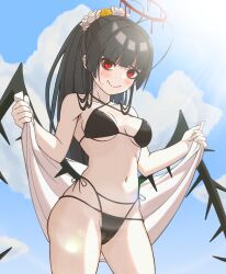 Rule 34 | 1girl, absurdres, bikini, black bikini, black hair, black wings, blue archive, blue sky, blunt bangs, blush, breasts, closed mouth, cloud, commentary request, cowboy shot, criss-cross halter, day, flower, hair flower, hair ornament, halo, halterneck, highres, holding, holding towel, long hair, looking at viewer, looking down, melting halo, multi-strapped bikini bottom, official alternate costume, outdoors, ponytail, red eyes, red halo, sky, small breasts, solo, standing, sweat, swimsuit, towel, tsurugi (blue archive), tsurugi (swimsuit) (blue archive), vneckstore, wings