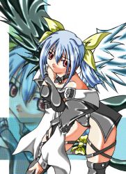 Rule 34 | 1girl, arc system works, asymmetrical wings, blue hair, dizzy (guilty gear), guilty gear, red eyes, ribbon, solo, tail, tail ornament, tail ribbon, thighhighs, wings