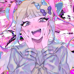 Rule 34 | 1girl, :d, blonde hair, blue bow, blue hair, blue nails, blue shirt, blunt bangs, blush, bow, chouzetsusaikawa tenshi-chan, distortion, hair bow, hands on own face, hands up, highres, holographic clothing, long sleeves, looking at viewer, multicolored hair, multicolored nails, nail polish, namuru (e nmr ien sg), needy girl overdose, nose blush, open mouth, pink bow, pink hair, pink nails, purple bow, quad tails, sailor collar, shirt, smile, solo, sweatdrop, teeth, twintails, upper body, upper teeth only, yellow bow, yellow nails