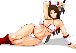 Rule 34 | 1girl, arm up, armpits, bare shoulders, bikini, boots, breasts, brown hair, cleavage, covered erect nipples, curvy, golden axe, green eyes, grin, groin, halterneck, hip focus, holding, holding weapon, knee boots, large breasts, lime (purple haze), long hair, looking at viewer, lying, on side, red footwear, sega, shadow, sideboob, simple background, smile, solo, string bikini, swimsuit, sword, thick thighs, thigh gap, thighs, toned, tyris flare, underboob, vambraces, warrior, weapon, white background, white bikini, wide hips