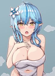 Rule 34 | 1girl, ahoge, areola slip, bare shoulders, blue background, blue hair, blush stickers, breasts, cleavage, collarbone, commentary, covered navel, flower, hair flower, hair ornament, hololive, large breasts, naked towel, navel, open mouth, pixel art, pointy ears, simple background, solo, steam, symbol-only commentary, towel, virtual youtuber, yellow eyes, yukihana lamy, zou eita