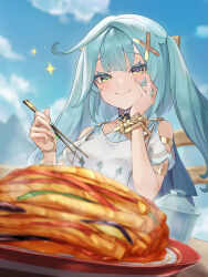 Rule 34 | 1girl, aqua hair, blue nails, blue sky, blurry, clothing cutout, commentary request, depth of field, dress, faruzan (genshin impact), food, fork, genshin impact, green eyes, green nails, hair ornament, hand on own cheek, hand on own face, highres, holding, holding fork, long hair, looking at food, outdoors, shoulder cutout, sky, solo, triangle-shaped pupils, twintails, ura (hamburg oniku), white dress, wristlet, x hair ornament