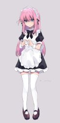 Rule 34 | 1girl, absurdres, apron, artist name, black dress, blue eyes, bocchi the rock!, brown footwear, cube hair ornament, dress, gotoh hitori, grey background, hair between eyes, hair ornament, heart, heart hands, highres, himey, long hair, maid, maid apron, maid headdress, mary janes, one side up, pink hair, shaded face, shoes, thighhighs, very long hair, white thighhighs
