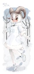 Rule 34 | 1girl, animal ear fluff, animal ears, blush, boots, coat, commentary, curled horns, dall sheep (kemono friends), full body, fur-trimmed coat, fur-trimmed sleeves, fur trim, gloves, gradient hair, grey hair, hair between eyes, highres, horizontal pupils, horns, inu (user arjr4358), kemono friends, looking at viewer, multicolored hair, outstretched arms, pantyhose, sheep ears, sheep girl, sheep horns, sheep tail, short hair, snow, solo, spread arms, tail, white coat, white footwear, white gloves, white hair, white pantyhose, winter clothes, winter coat, yellow eyes