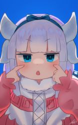 Rule 34 | 1girl, blue background, blue bow, blue eyes, blue hairband, blunt bangs, bow, hairband, hands up, highres, horns, jitome, kanna kamui, kobayashi-san chi no maidragon, long sleeves, looking at viewer, open mouth, pink hair, ryusei hashida, signature, simple background, solo, upper body