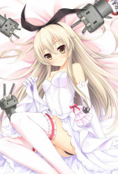 Rule 34 | 1girl, alternate costume, bed sheet, black bow, black hairband, black panties, bow, breasts, brown eyes, closed mouth, dress, elbow gloves, frilled thighhighs, frills, from above, gloves, hair between eyes, hair bow, hairband, kantai collection, long hair, looking at viewer, lying, medium breasts, on side, panties, red bow, shimakaze (kancolle), short dress, silver hair, sleeveless, sleeveless dress, smile, solo, strapless, strapless dress, summer-d (dodojune), thighhighs, underwear, very long hair, wedding dress, white dress, white gloves, white thighhighs