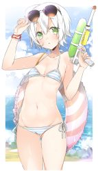 Rule 34 | 1girl, :o, beach, bikini, blue sky, blush, breasts, cloud, cloudy sky, commentary request, cowboy shot, day, eyewear on head, fate/apocrypha, fate (series), finger on trigger, gluteal fold, green eyes, gun, hair between eyes, halterneck, holding, holding gun, holding weapon, innertube, jack the ripper (fate/apocrypha), looking at viewer, lowleg, lowleg bikini, navel, outdoors, outside border, parted lips, scar, scar on face, short hair, side-tie bikini bottom, sino (sionori), sky, small breasts, solo, striped bikini, striped clothes, sunglasses, swim ring, swimsuit, thigh gap, water gun, weapon, wet, white hair, wristband