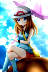 Rule 34 | 1girl, :3, aqua socks, black wristband, blastoise, blue eyes, blue shirt, blue sky, breasts, brown hair, closed mouth, cloud, cloudy sky, commentary request, creatures (company), crossed legs, day, ditto, feet out of frame, game freak, gen 1 pokemon, green (pokemon), hat, holding, holding umbrella, leg warmers, legs, long hair, looking at viewer, miniskirt, nintendo, outdoors, pokemon, pokemon (creature), pokemon adventures, pokemon move, red skirt, shell, shirt, sitting, skirt, sky, sleeveless, sleeveless shirt, small breasts, smile, socks, solo focus, transformed ditto, umbrella, white hat, wristband, yuinya (chicken5536)