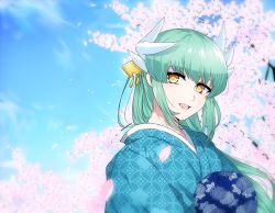 1girl :d blue_kimono day fate_(series) female_focus floating_hair flower green_hair hair_ornament japanese_clothes kimono kiyohime_(fate) long_hair looking_at_viewer nekko open_mouth outdoors petals pink_flower smile solo upper_body very_long_hair yellow_eyes