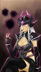 Rule 34 | 1girl, armor, black gloves, black legwear, breasts, cleavage, cleavage cutout, clothing cutout, crossed legs, elbow gloves, fingernails, food, food in mouth, gem, gloves, glowing, glowing eyes, helmet, highres, league of legends, long hair, nail polish, no pupils, orb, outline, pauldrons, pocky, purple eyes, purple nails, purple outline, ro g (oowack), shoulder armor, sitting, solo, syndra, v, vambraces, white hair