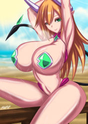 Rule 34 | 1girl, armpits, arms up, beach, breasts, cleavage, day, demon girl, demon tail, fenrox, green eyes, horns, huge breasts, long hair, looking at viewer, navel, orange hair, original, pointy ears, smile, solo, tail, very long hair