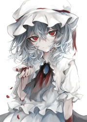 Rule 34 | 1girl, ascot, bandaged arm, bandages, blouse, blue hair, brooch, commentary, gradient ascot, hair between eyes, hasunokaeru, hat, hat ribbon, head tilt, highres, holding, jewelry, looking at viewer, mob cap, nail polish, petals, puffy short sleeves, puffy sleeves, red ascot, red eyes, red nails, red ribbon, remilia scarlet, ribbon, shirt, short hair, short sleeves, skirt, solo, stained clothes, touhou, upper body, white ascot, white hat, white shirt, white skirt