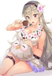Rule 34 | 1girl, bare shoulders, bikini, bird, blush, breasts, cleavage, corrin (female) (fire emblem), corrin (female) (summer) (fire emblem), corrin (fire emblem), feh (fire emblem heroes), fire emblem, fire emblem heroes, flower, flower necklace, food, grey hair, hair flower, hair ornament, hairband, jewelry, lei, long hair, looking at viewer, necklace, nintendo, official alternate costume, open mouth, owl, pointy ears, popsicle, red eyes, skirt, swimsuit, thigh strap, white background, yomo (majidon)