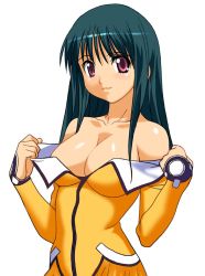 Rule 34 | 00s, 1girl, a1 (initial-g), bare shoulders, breasts, cleavage, green hair, kayama akira, long sleeves, looking at viewer, off shoulder, orange shirt, red eyes, shiny skin, shirt, sidelocks, simple background, smile, solo, uchuu no stellvia, undressing, uniform, upper body, white background
